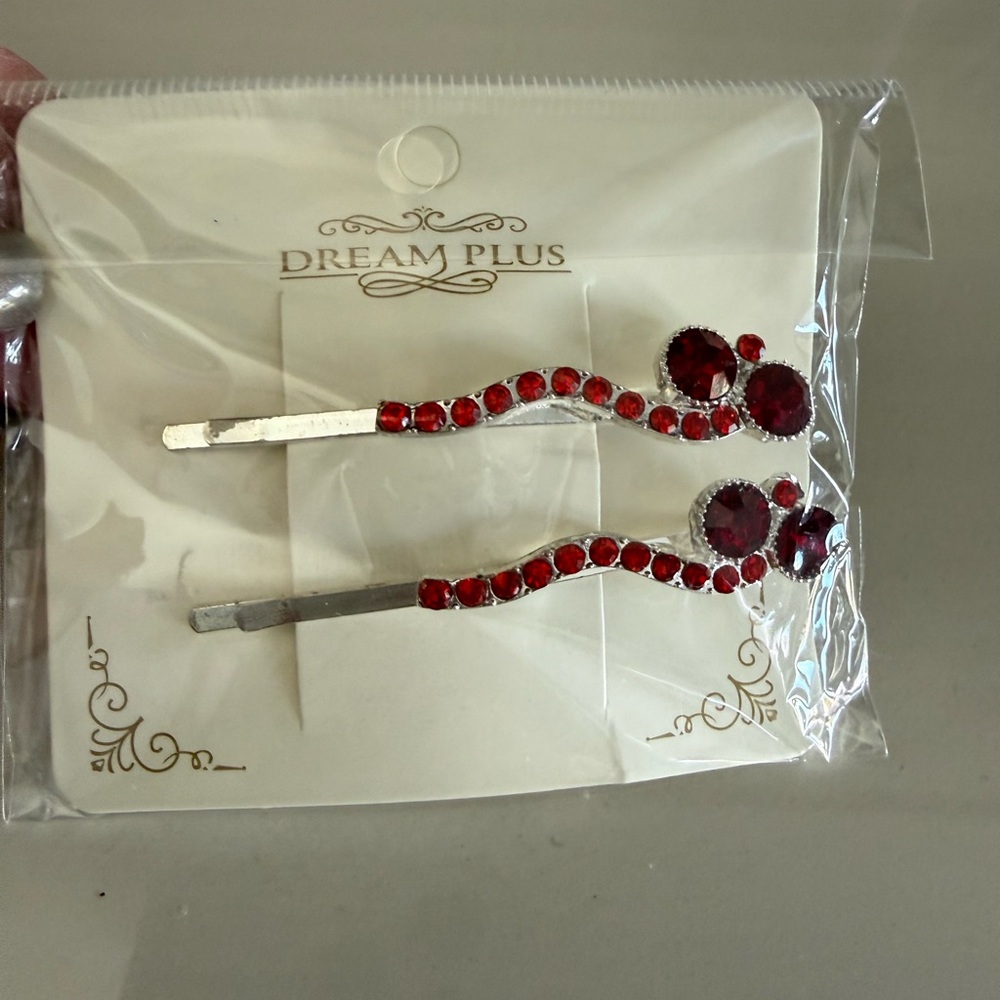 Ruby Red Hair Pins set of 2 silver metal 2 shades of red rhinestones & two size